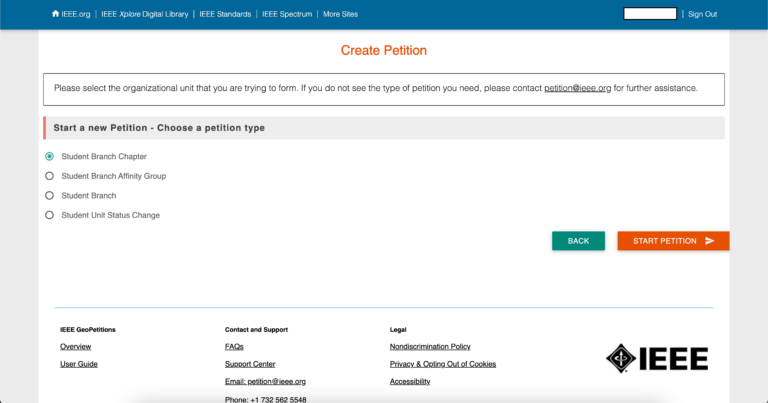 Select Student Branch Chapter as petition type