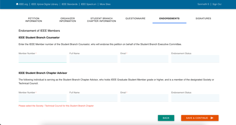 Enter Student Branch Counselor and Faculty Advisor details