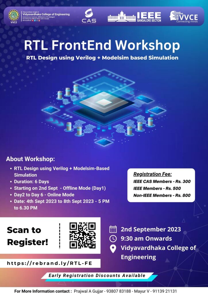 RTL Front-End Workshop poster — 2 September 2023, Vidyavardhaka College of Engineering